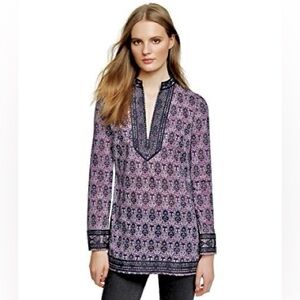 Tory Burch Printed Cotton Tory Tunic In Dynasty Purple Long Sleeve Size 2